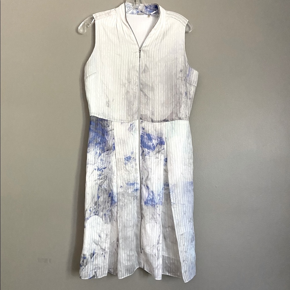 Elie Tahari white and blues abstract minimal light dress zipper front size 8